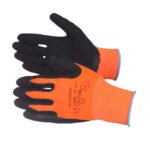 Pirštinės iš 13G oranžinio poliesterio, padengtos juodu lateksu