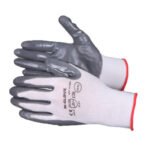 Apsauginės pirštinės iš poliesterio, dengtos pilku nitrilu