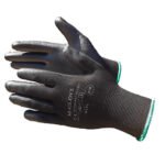 Apsauginės pirštinės iš poliesterio, padengtos juodu PU (12 porų)